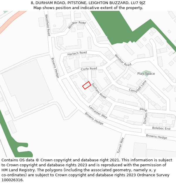 8, DURHAM ROAD, PITSTONE, LEIGHTON BUZZARD, LU7 9JZ: Location map and indicative extent of plot
