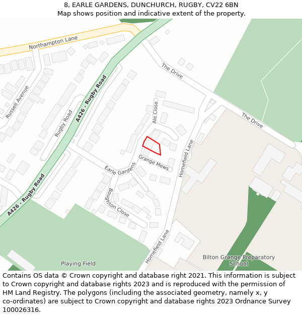 8, EARLE GARDENS, DUNCHURCH, RUGBY, CV22 6BN: Location map and indicative extent of plot