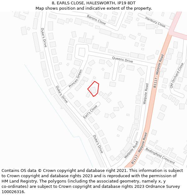 8, EARLS CLOSE, HALESWORTH, IP19 8DT: Location map and indicative extent of plot