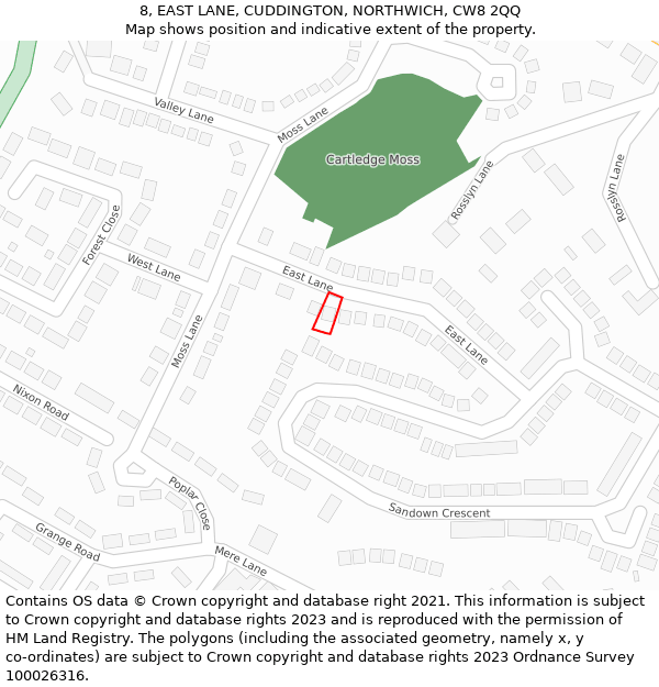 8, EAST LANE, CUDDINGTON, NORTHWICH, CW8 2QQ: Location map and indicative extent of plot