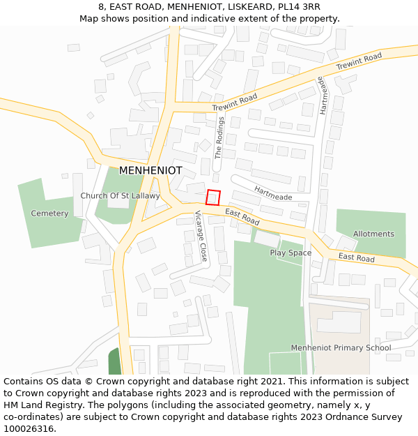 8, EAST ROAD, MENHENIOT, LISKEARD, PL14 3RR: Location map and indicative extent of plot