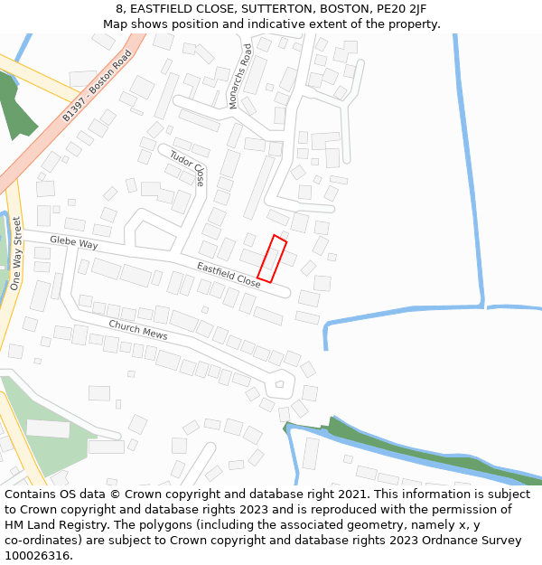8, EASTFIELD CLOSE, SUTTERTON, BOSTON, PE20 2JF: Location map and indicative extent of plot