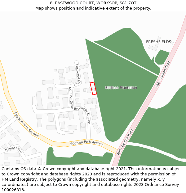 8, EASTWOOD COURT, WORKSOP, S81 7QT: Location map and indicative extent of plot