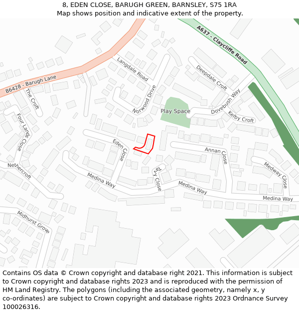 8, EDEN CLOSE, BARUGH GREEN, BARNSLEY, S75 1RA: Location map and indicative extent of plot