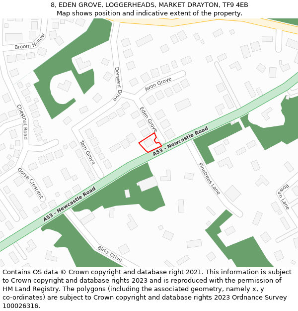 8, EDEN GROVE, LOGGERHEADS, MARKET DRAYTON, TF9 4EB: Location map and indicative extent of plot