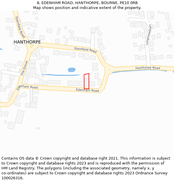 8, EDENHAM ROAD, HANTHORPE, BOURNE, PE10 0RB: Location map and indicative extent of plot