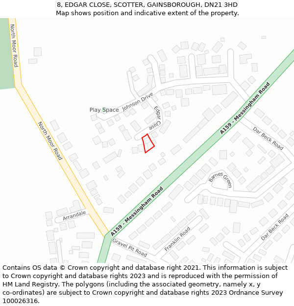 8, EDGAR CLOSE, SCOTTER, GAINSBOROUGH, DN21 3HD: Location map and indicative extent of plot