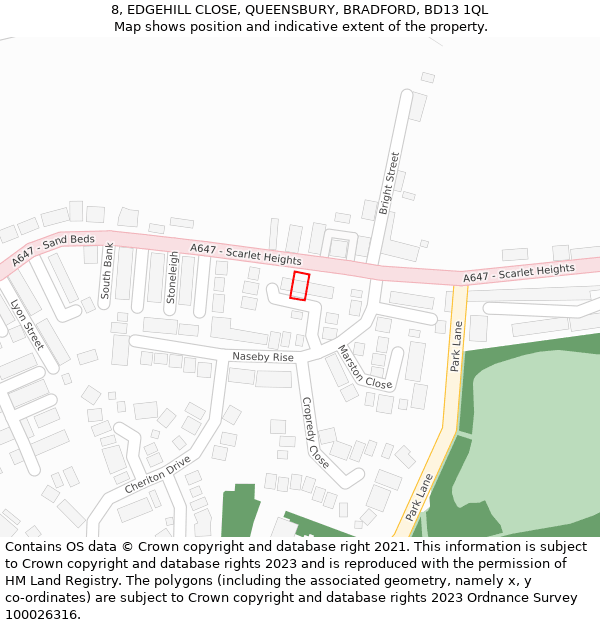 8, EDGEHILL CLOSE, QUEENSBURY, BRADFORD, BD13 1QL: Location map and indicative extent of plot