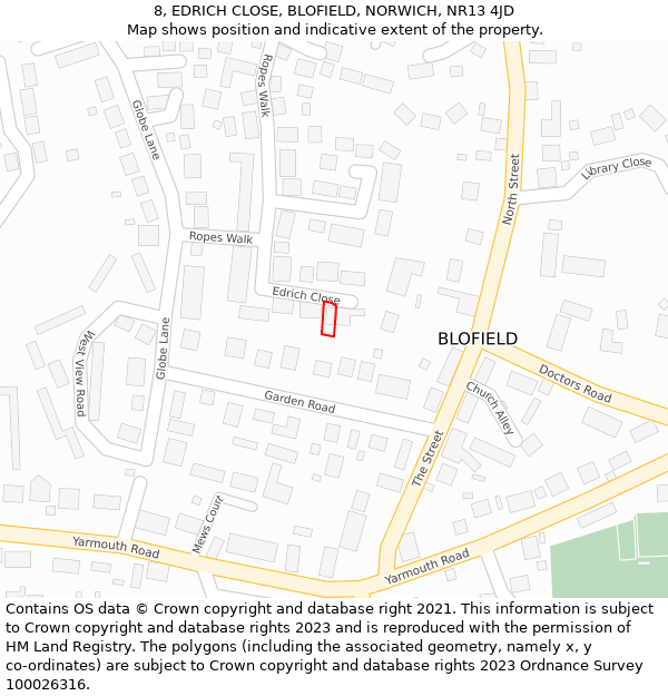 8, EDRICH CLOSE, BLOFIELD, NORWICH, NR13 4JD: Location map and indicative extent of plot