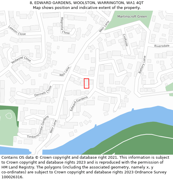 8, EDWARD GARDENS, WOOLSTON, WARRINGTON, WA1 4QT: Location map and indicative extent of plot