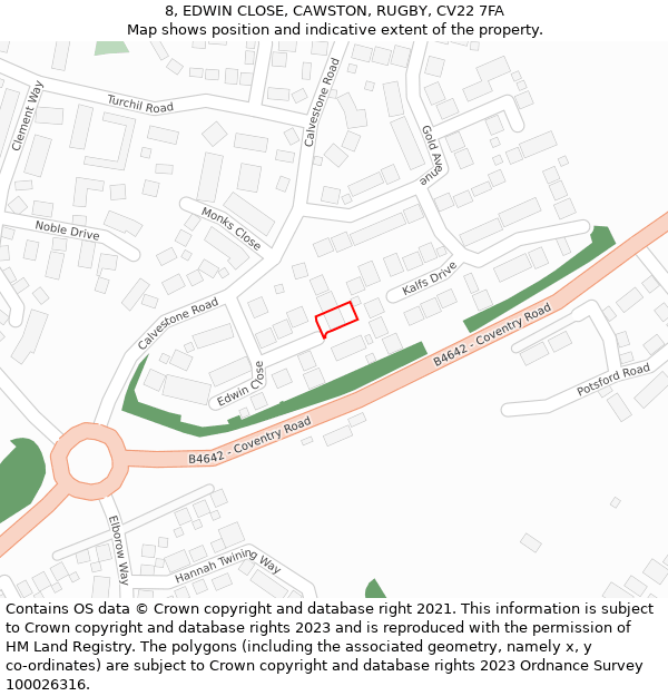 8, EDWIN CLOSE, CAWSTON, RUGBY, CV22 7FA: Location map and indicative extent of plot