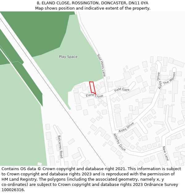 8, ELAND CLOSE, ROSSINGTON, DONCASTER, DN11 0YA: Location map and indicative extent of plot