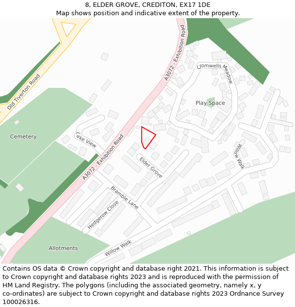 8, ELDER GROVE, CREDITON, EX17 1DE: Location map and indicative extent of plot