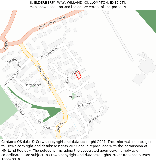 8, ELDERBERRY WAY, WILLAND, CULLOMPTON, EX15 2TU: Location map and indicative extent of plot