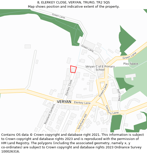 8, ELERKEY CLOSE, VERYAN, TRURO, TR2 5QS: Location map and indicative extent of plot