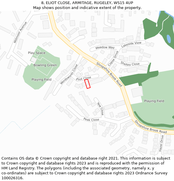 8, ELIOT CLOSE, ARMITAGE, RUGELEY, WS15 4UP: Location map and indicative extent of plot