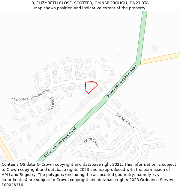 8, ELIZABETH CLOSE, SCOTTER, GAINSBOROUGH, DN21 3TA: Location map and indicative extent of plot