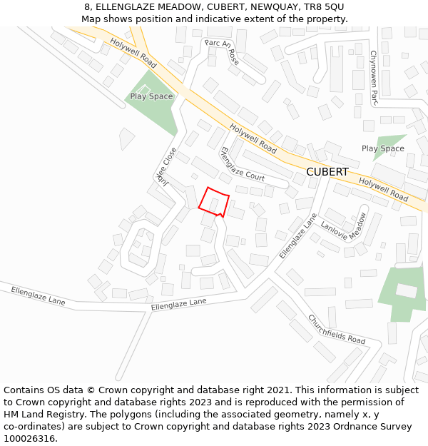 8, ELLENGLAZE MEADOW, CUBERT, NEWQUAY, TR8 5QU: Location map and indicative extent of plot