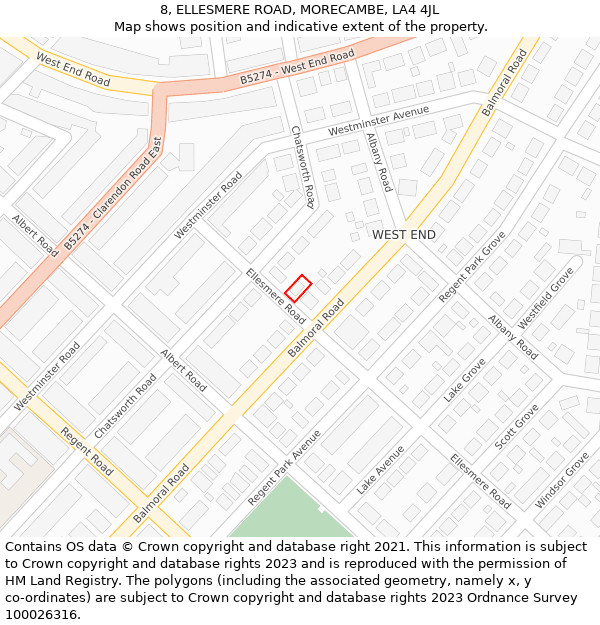 8, ELLESMERE ROAD, MORECAMBE, LA4 4JL: Location map and indicative extent of plot