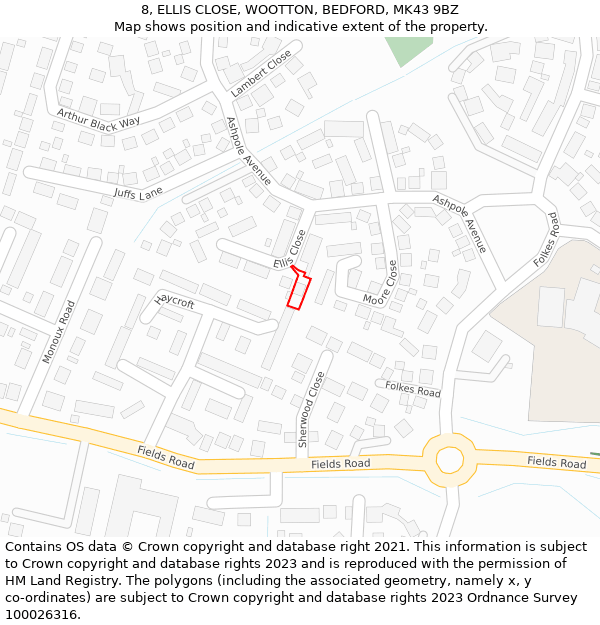 8, ELLIS CLOSE, WOOTTON, BEDFORD, MK43 9BZ: Location map and indicative extent of plot