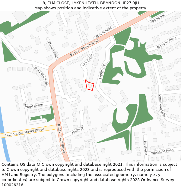 8, ELM CLOSE, LAKENHEATH, BRANDON, IP27 9JH: Location map and indicative extent of plot