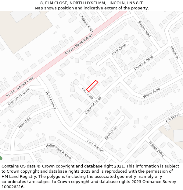 8, ELM CLOSE, NORTH HYKEHAM, LINCOLN, LN6 8LT: Location map and indicative extent of plot