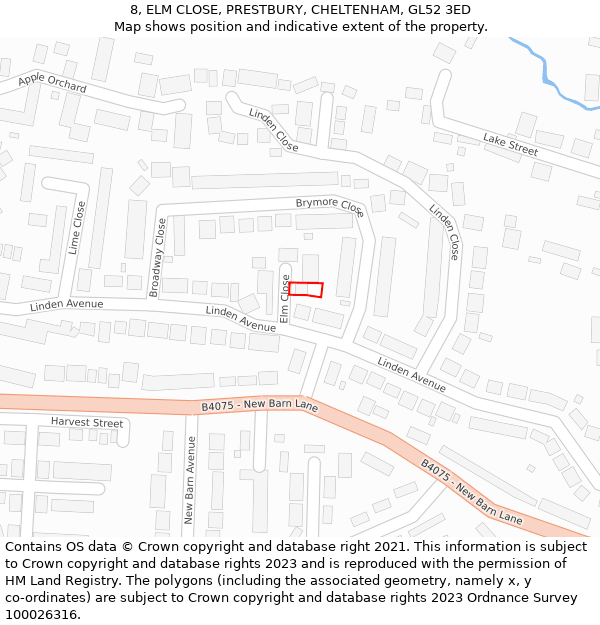 8, ELM CLOSE, PRESTBURY, CHELTENHAM, GL52 3ED: Location map and indicative extent of plot