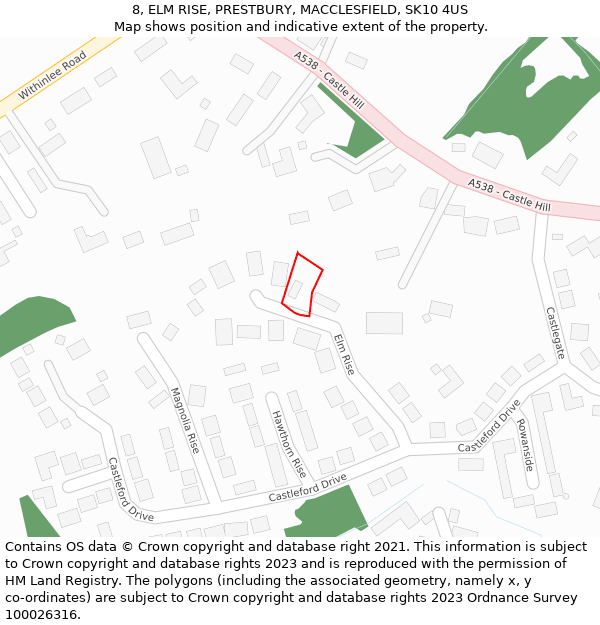 8, ELM RISE, PRESTBURY, MACCLESFIELD, SK10 4US: Location map and indicative extent of plot