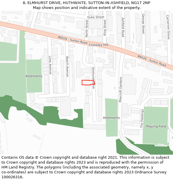 8, ELMHURST DRIVE, HUTHWAITE, SUTTON-IN-ASHFIELD, NG17 2NP: Location map and indicative extent of plot