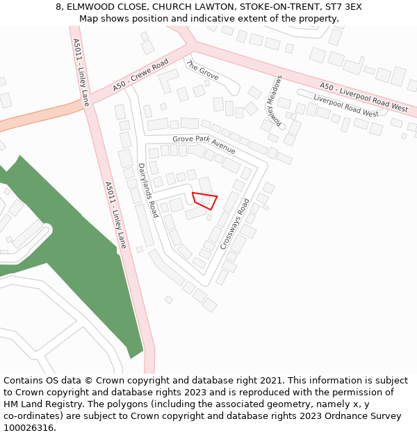 8, ELMWOOD CLOSE, CHURCH LAWTON, STOKE-ON-TRENT, ST7 3EX: Location map and indicative extent of plot