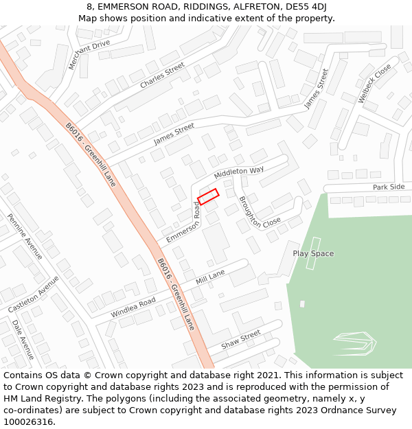 8, EMMERSON ROAD, RIDDINGS, ALFRETON, DE55 4DJ: Location map and indicative extent of plot