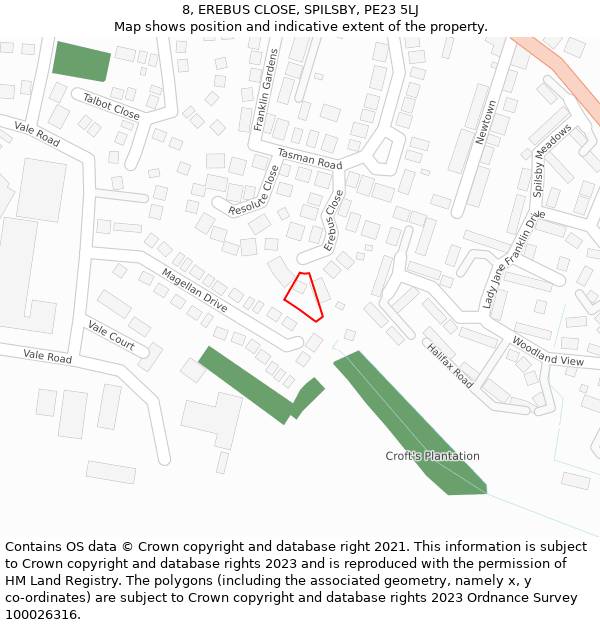 8, EREBUS CLOSE, SPILSBY, PE23 5LJ: Location map and indicative extent of plot