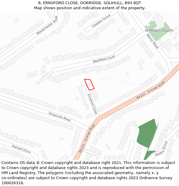 8, ERNSFORD CLOSE, DORRIDGE, SOLIHULL, B93 8QT: Location map and indicative extent of plot