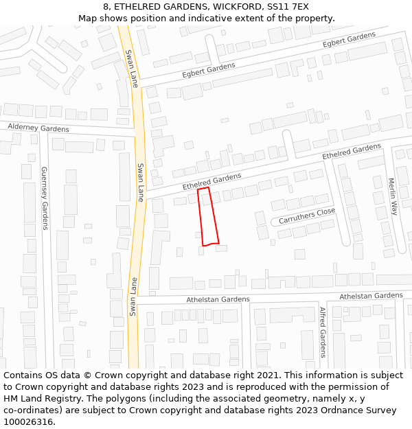 8, ETHELRED GARDENS, WICKFORD, SS11 7EX: Location map and indicative extent of plot