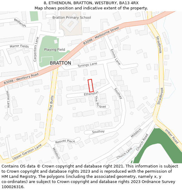8, ETHENDUN, BRATTON, WESTBURY, BA13 4RX: Location map and indicative extent of plot