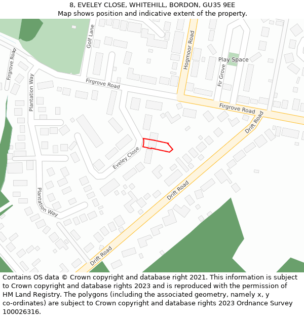 8, EVELEY CLOSE, WHITEHILL, BORDON, GU35 9EE: Location map and indicative extent of plot