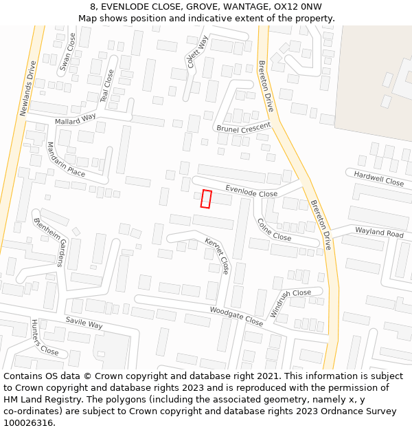8, EVENLODE CLOSE, GROVE, WANTAGE, OX12 0NW: Location map and indicative extent of plot