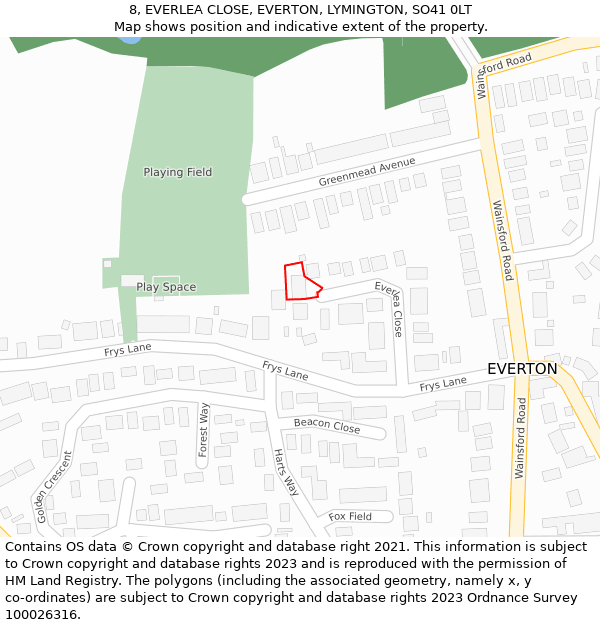 8, EVERLEA CLOSE, EVERTON, LYMINGTON, SO41 0LT: Location map and indicative extent of plot