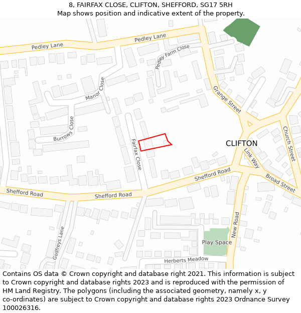 8, FAIRFAX CLOSE, CLIFTON, SHEFFORD, SG17 5RH: Location map and indicative extent of plot