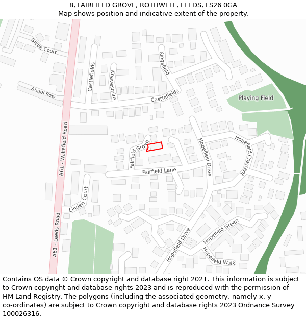 8, FAIRFIELD GROVE, ROTHWELL, LEEDS, LS26 0GA: Location map and indicative extent of plot