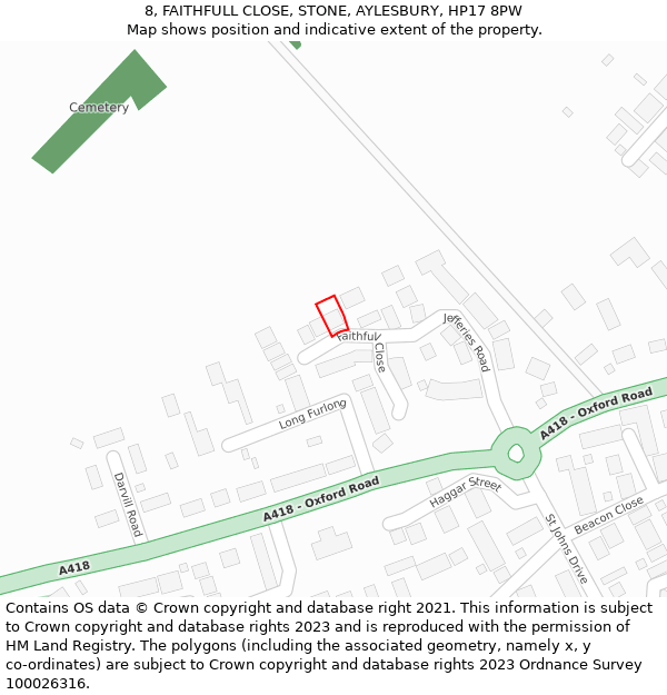 8, FAITHFULL CLOSE, STONE, AYLESBURY, HP17 8PW: Location map and indicative extent of plot