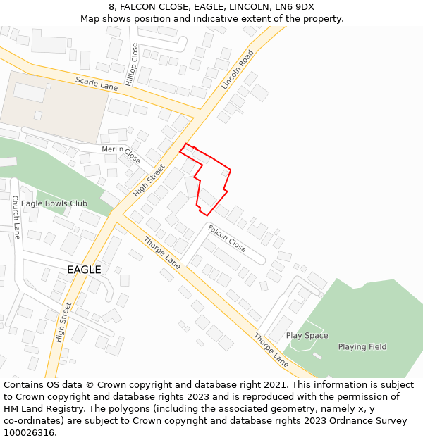 8, FALCON CLOSE, EAGLE, LINCOLN, LN6 9DX: Location map and indicative extent of plot