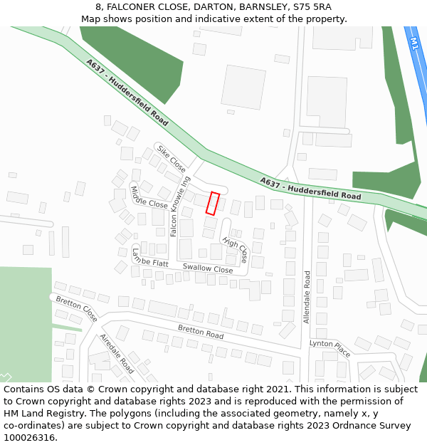 8, FALCONER CLOSE, DARTON, BARNSLEY, S75 5RA: Location map and indicative extent of plot