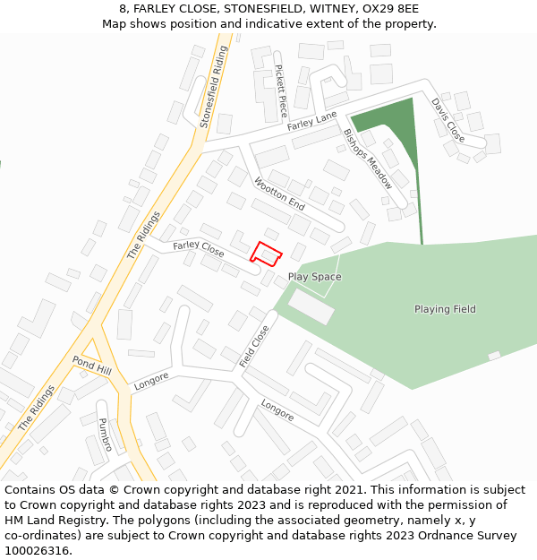 8, FARLEY CLOSE, STONESFIELD, WITNEY, OX29 8EE: Location map and indicative extent of plot