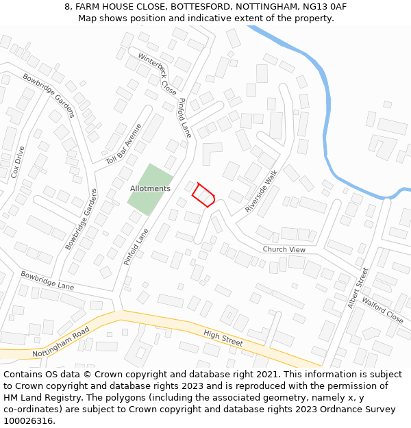 8, FARM HOUSE CLOSE, BOTTESFORD, NOTTINGHAM, NG13 0AF: Location map and indicative extent of plot