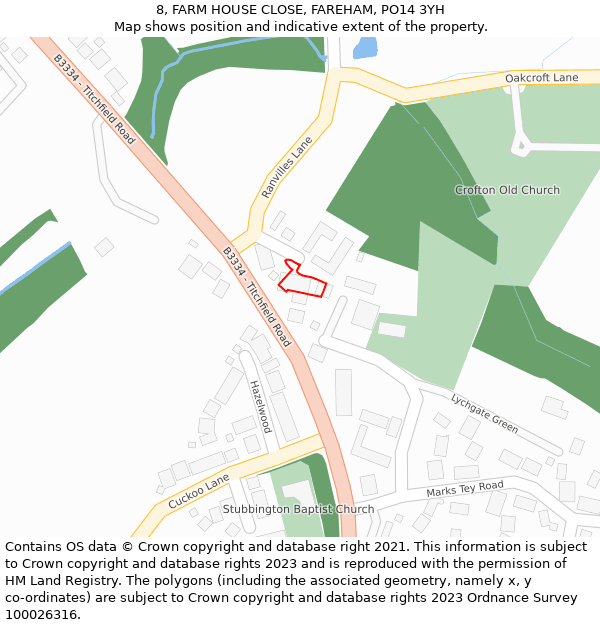 8, FARM HOUSE CLOSE, FAREHAM, PO14 3YH: Location map and indicative extent of plot