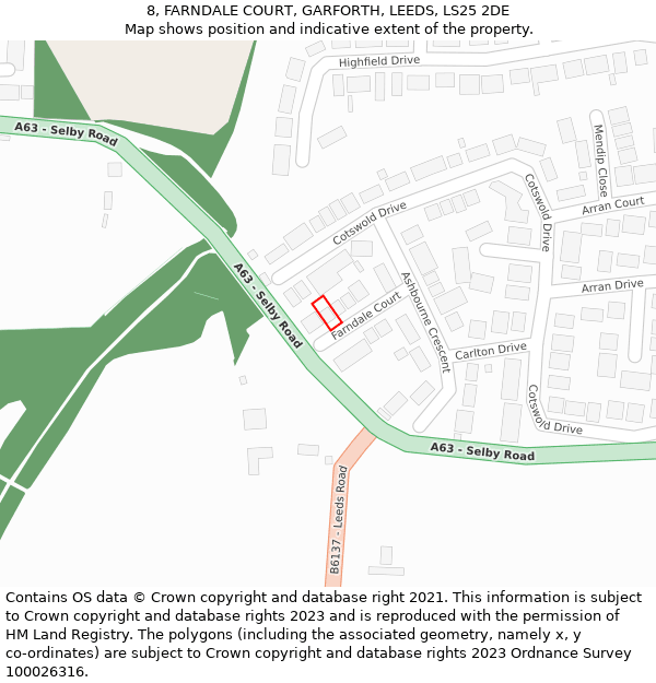 8, FARNDALE COURT, GARFORTH, LEEDS, LS25 2DE: Location map and indicative extent of plot