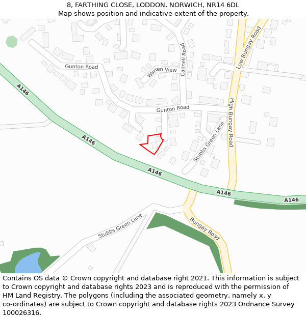 8, FARTHING CLOSE, LODDON, NORWICH, NR14 6DL: Location map and indicative extent of plot