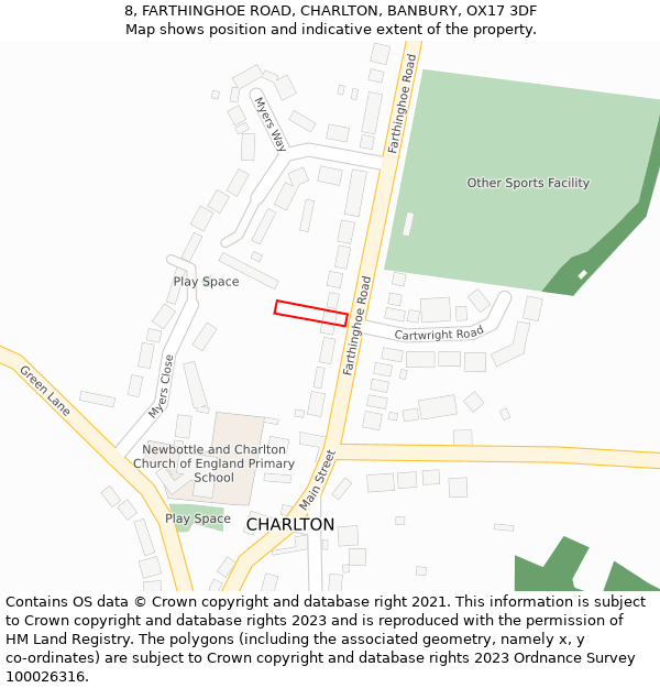 8, FARTHINGHOE ROAD, CHARLTON, BANBURY, OX17 3DF: Location map and indicative extent of plot