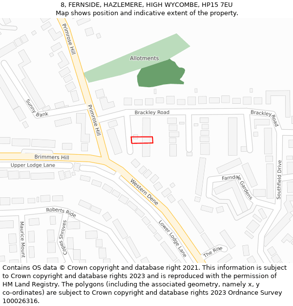 8, FERNSIDE, HAZLEMERE, HIGH WYCOMBE, HP15 7EU: Location map and indicative extent of plot